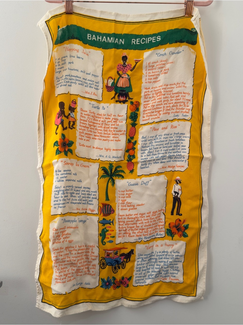 Vintage 1970s Bahamian Recipes Decorative Tea Towel Yellow Caribbean Cooking